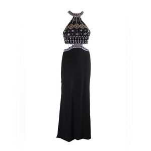 Xscape Black Sleeveless Beaded Cutout Halter Gown Size 2